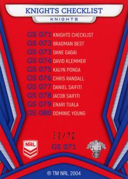 2023 NRL Traders Titanium - Gold Pearl Special #GS071 Newcastle Knights Checklist Back